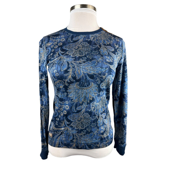 NWT Lauren Ralph Lauren Paisley Print LS Suede Elbow Shoulder Zip Top Blue Large - Picture 4 of 14